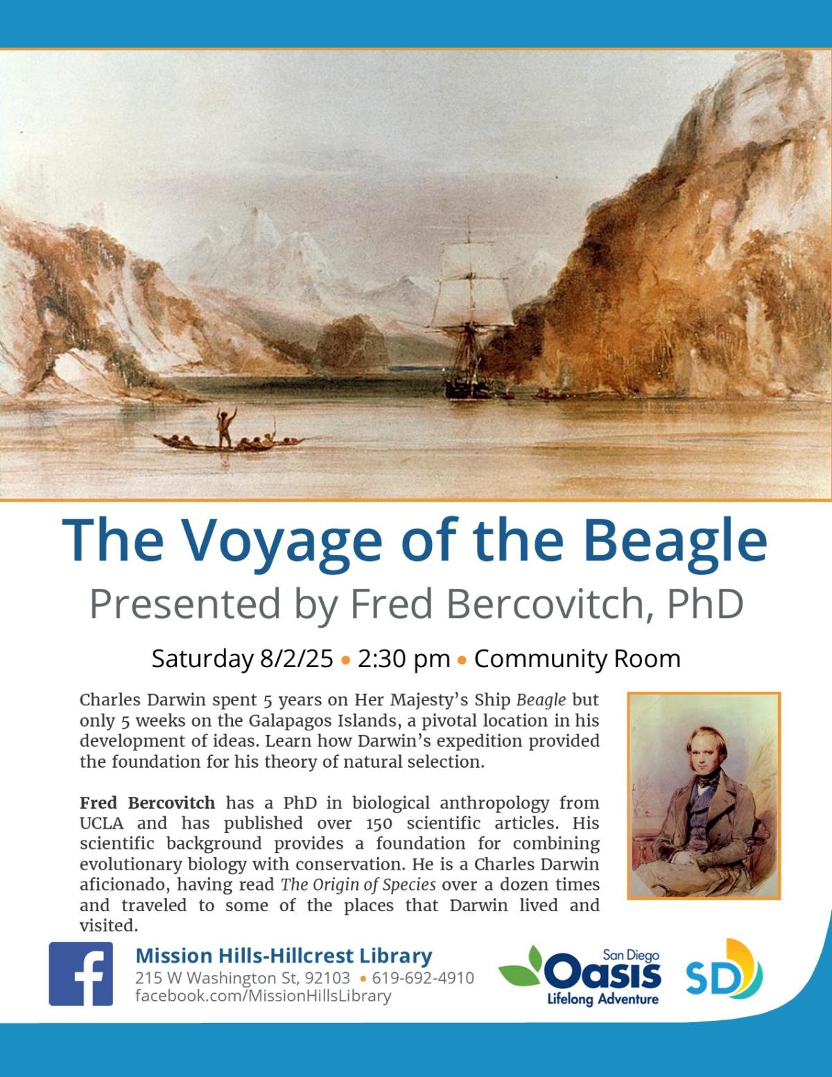 Flyer with event details and paintings of the HMS Beagle and Charles Darwin