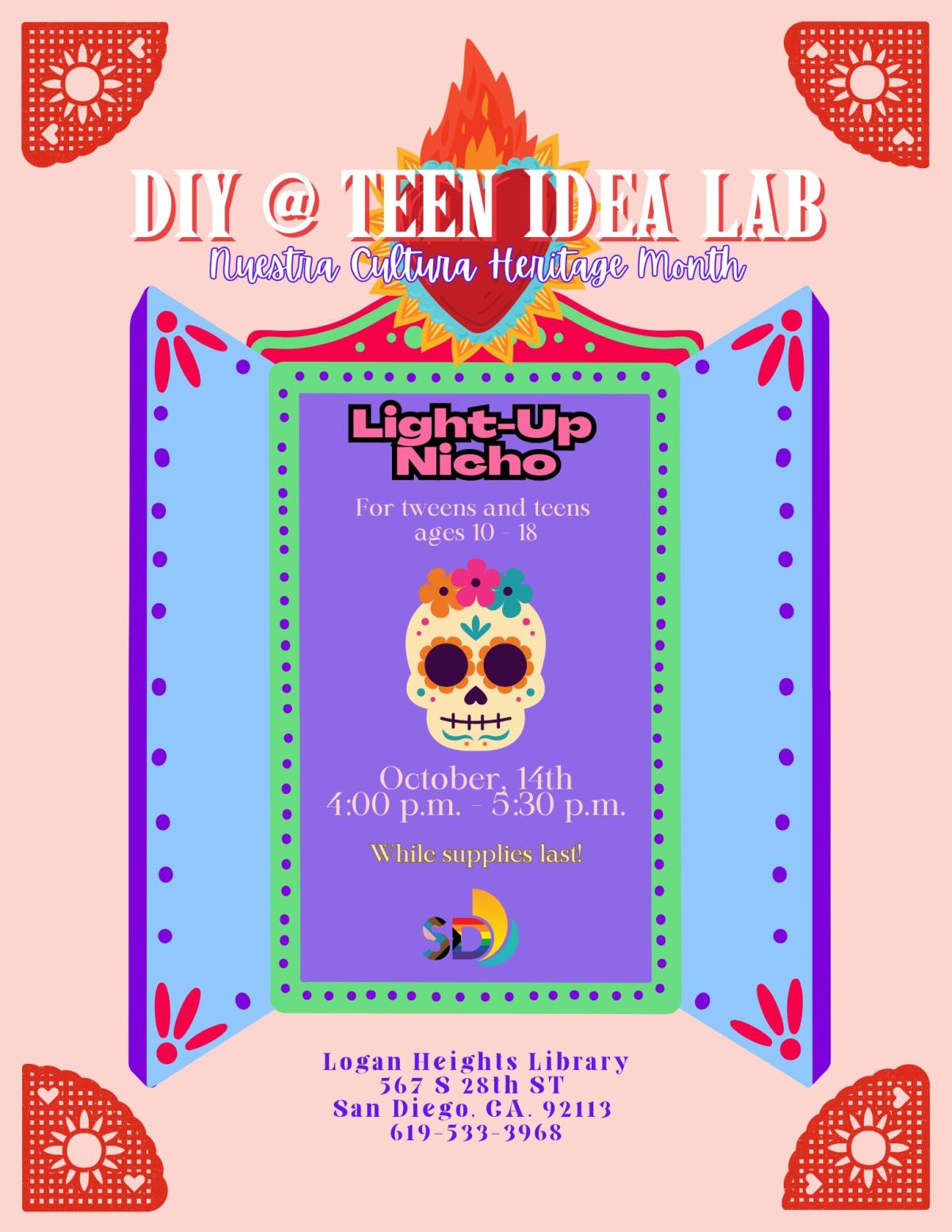 large heart, skull, papel picado on each corner, nicho box, letters describing the craft. 