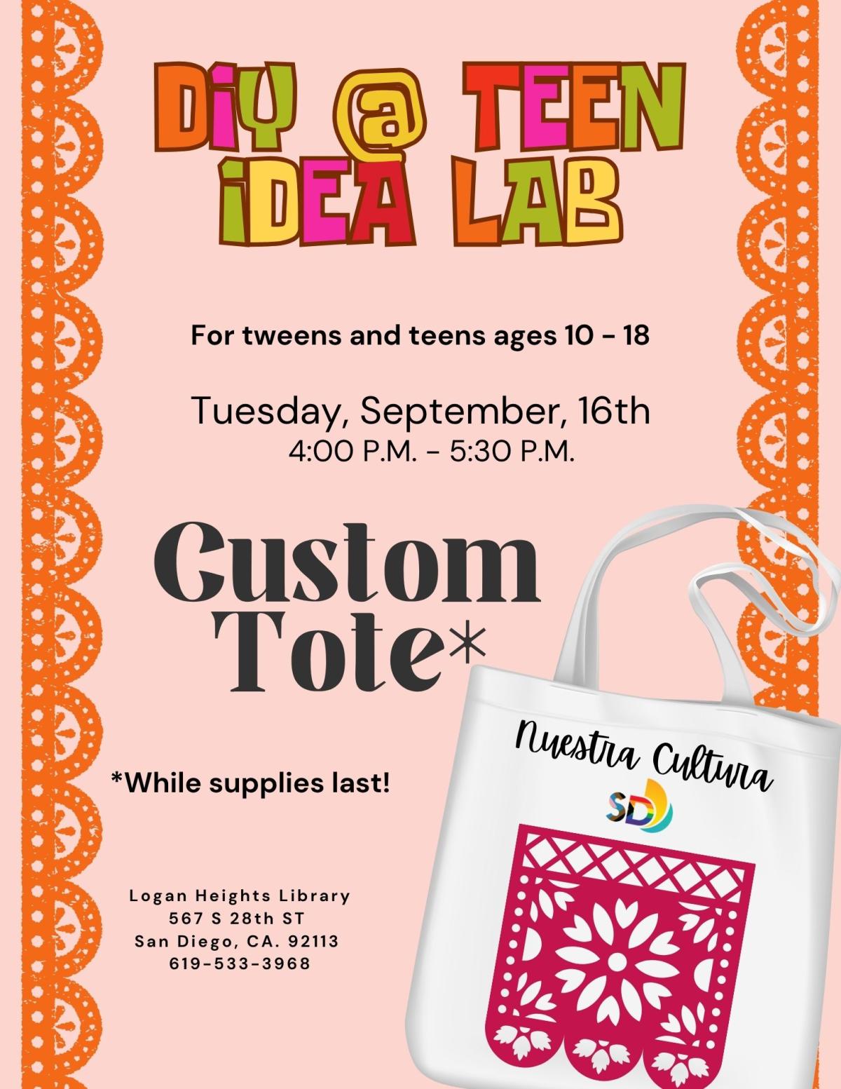 papel picado border, tote with library logo, papel picado design, description of activity