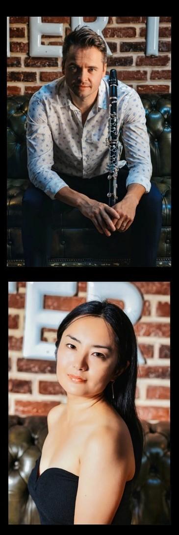 publicity photos of Kliment Krylovskiy with a clarinet and side view of pianist Riko Higuma