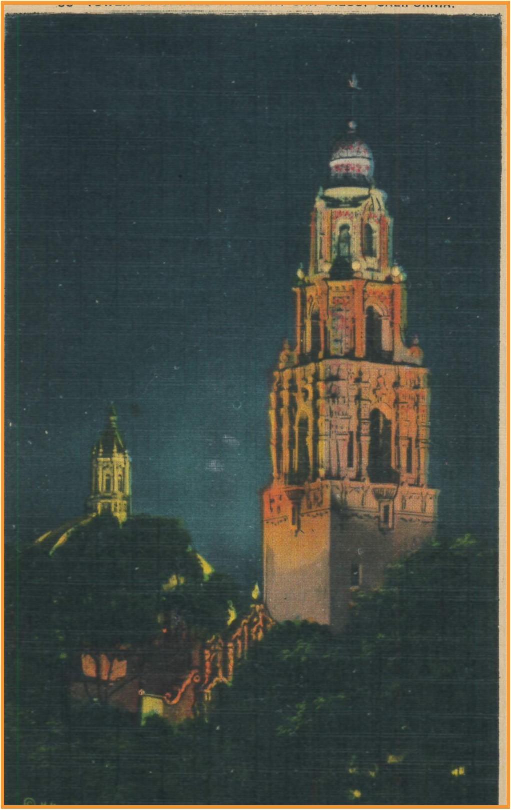 San Diego's California Tower at night as seen in a postcard from the early 20th century.