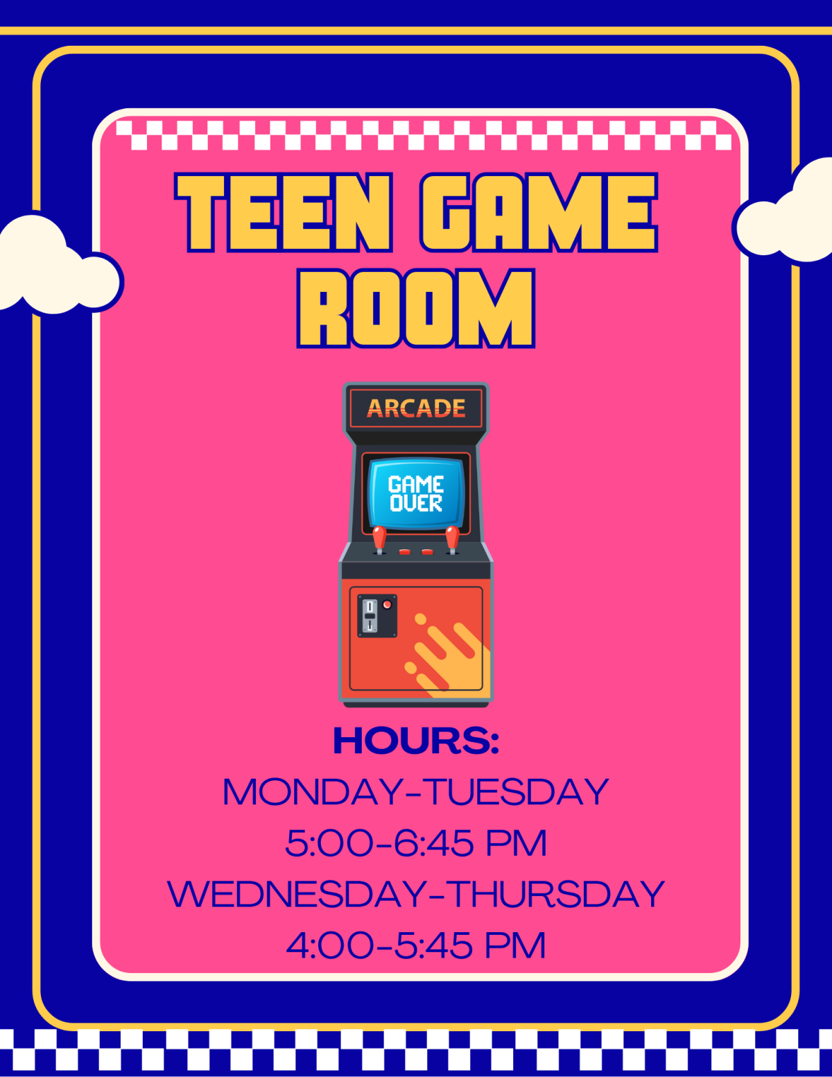 Teem Game Room fall hours flyer.