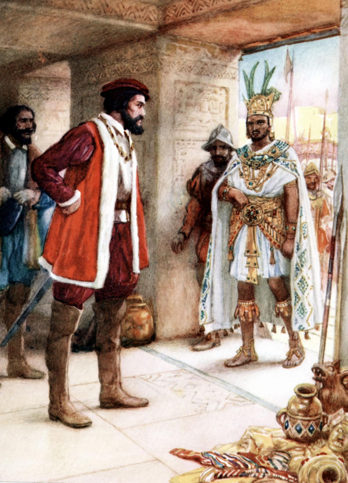 Illustration of Cortes meeting Moctezuma II