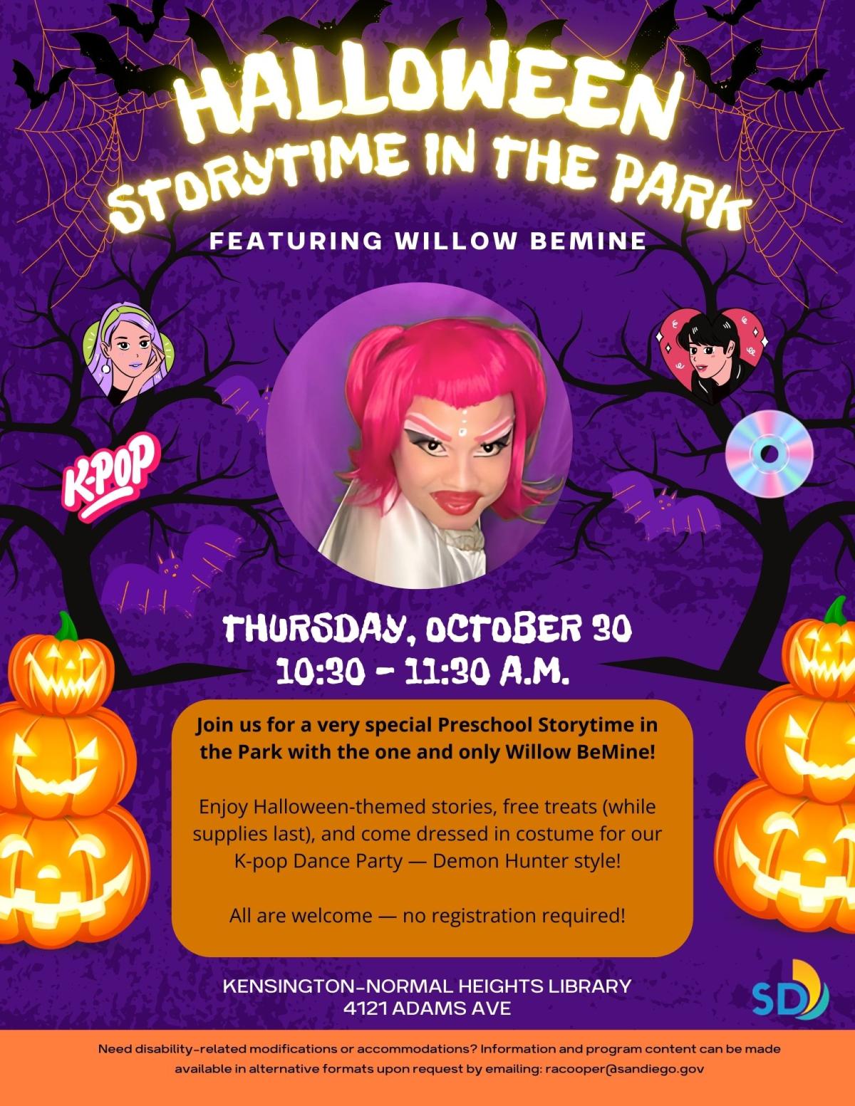 A purple Halloween Flyer with pumpkins and bats feature a queen with pink hair and a white dress!
