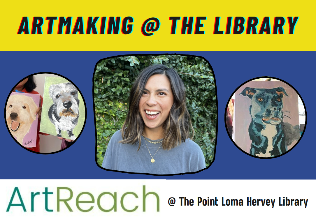 picture of artist amongst paitings of dogs and their painted portraits