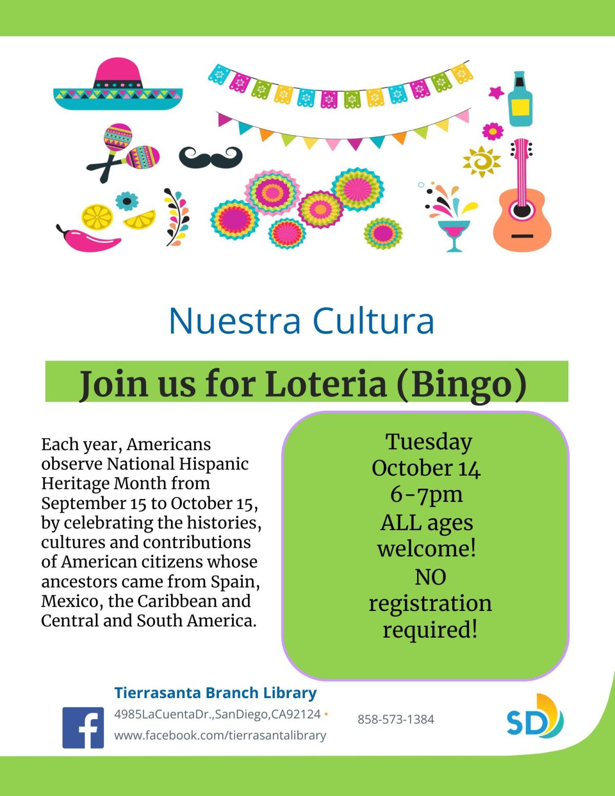 Green flyer with cartoon Mexican paraphernalia like sombreros, maracas, guitars and papel 