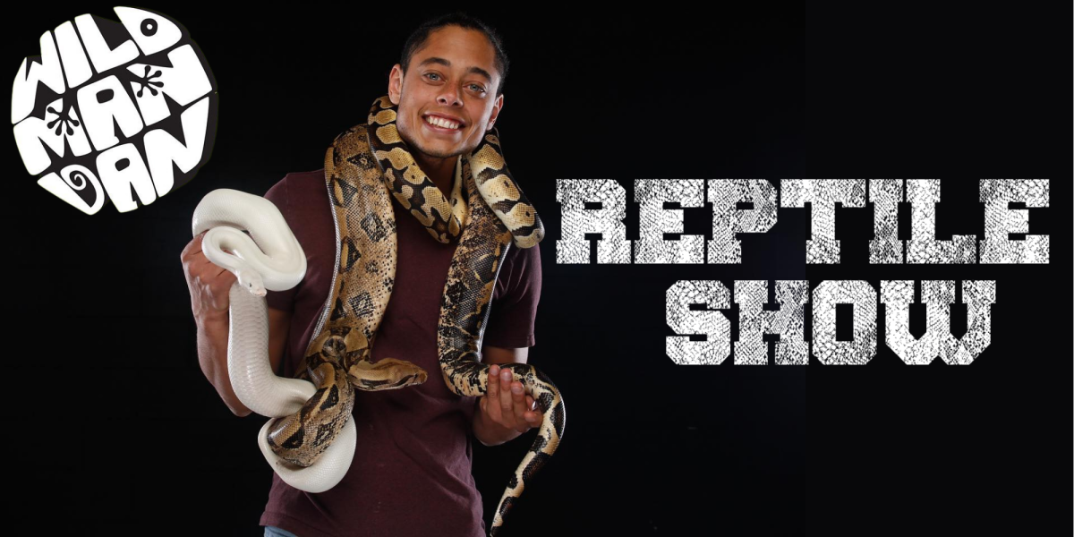 Wild Man Dan holding 3 snakes