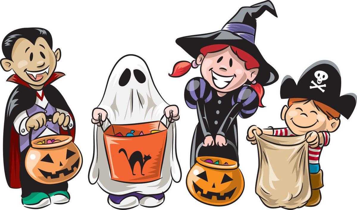 kids dressed as a vampire, ghost, witch, and pirate trick-or-treating