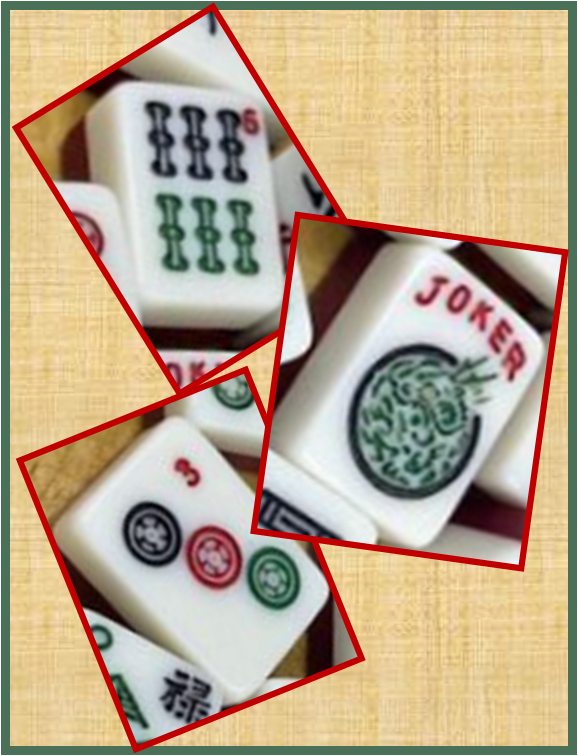 Three mahjong tiles: green sticks, green circle, and small circles in red, blue, and green.