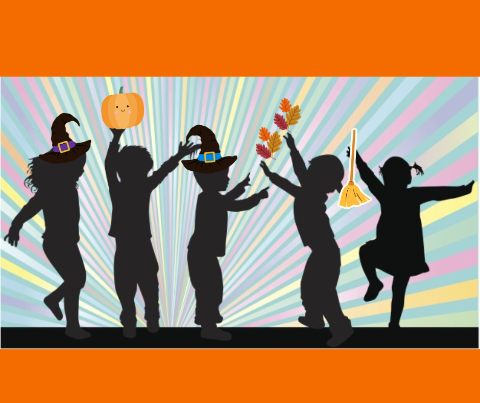 Picture of five kids dancing. They have a couple witches hats, a pumpkin, fall leaves, and a broom.