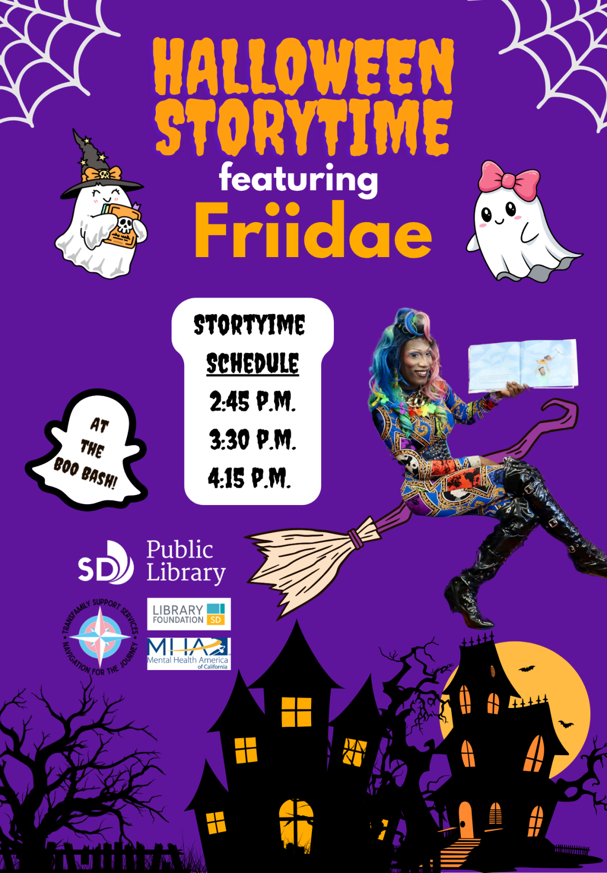 a purple flyer with a black haunted house, yellow moon, white ghosts, and a queen on a broomstick!