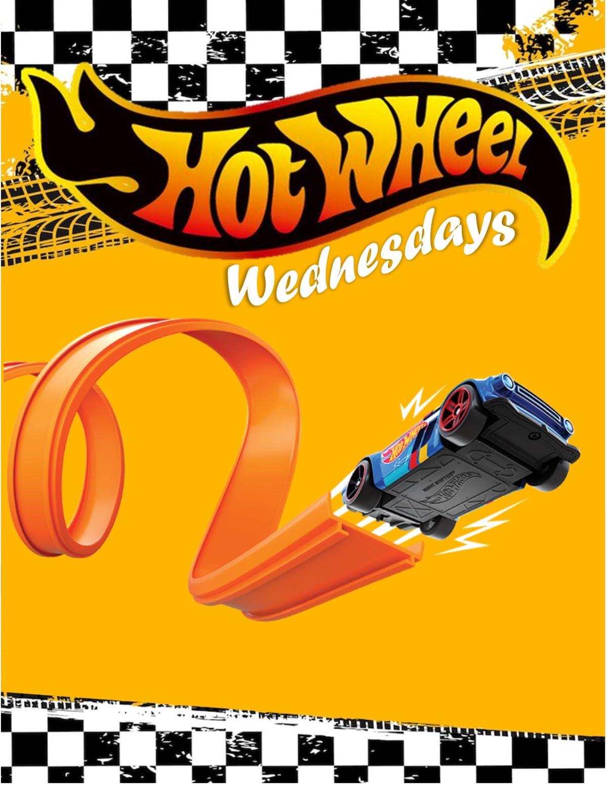 Hotwheel Wednesday flyer with racetrack and car 