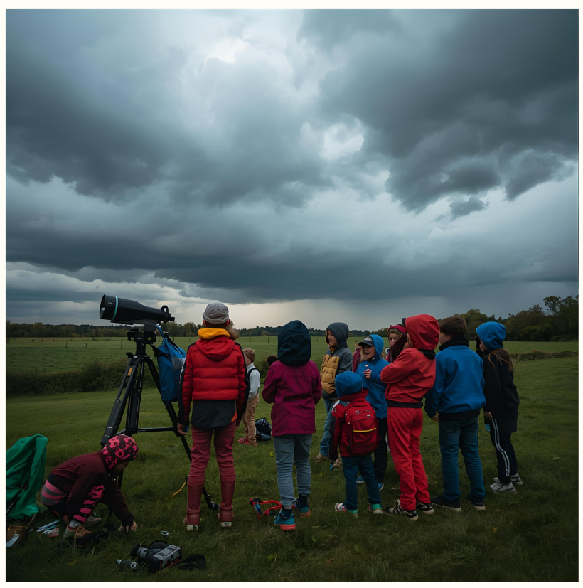 Group outside looking into a telescope.