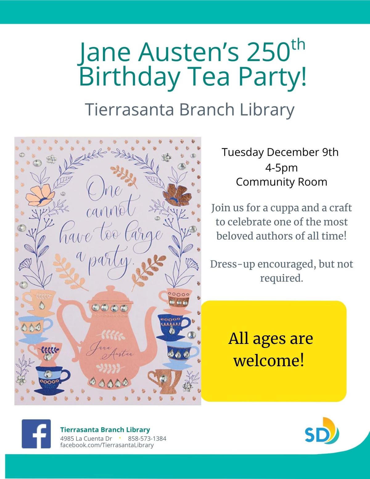 Cartoon purple tea pot surrounded by tea cups and a quote