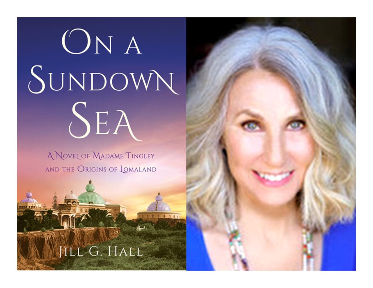 photo of author Jill G. Hall and cover of her book On a Sundown Sea