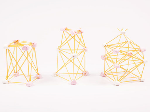 Three different structures made out of uncooked spaghetti and marshmallows