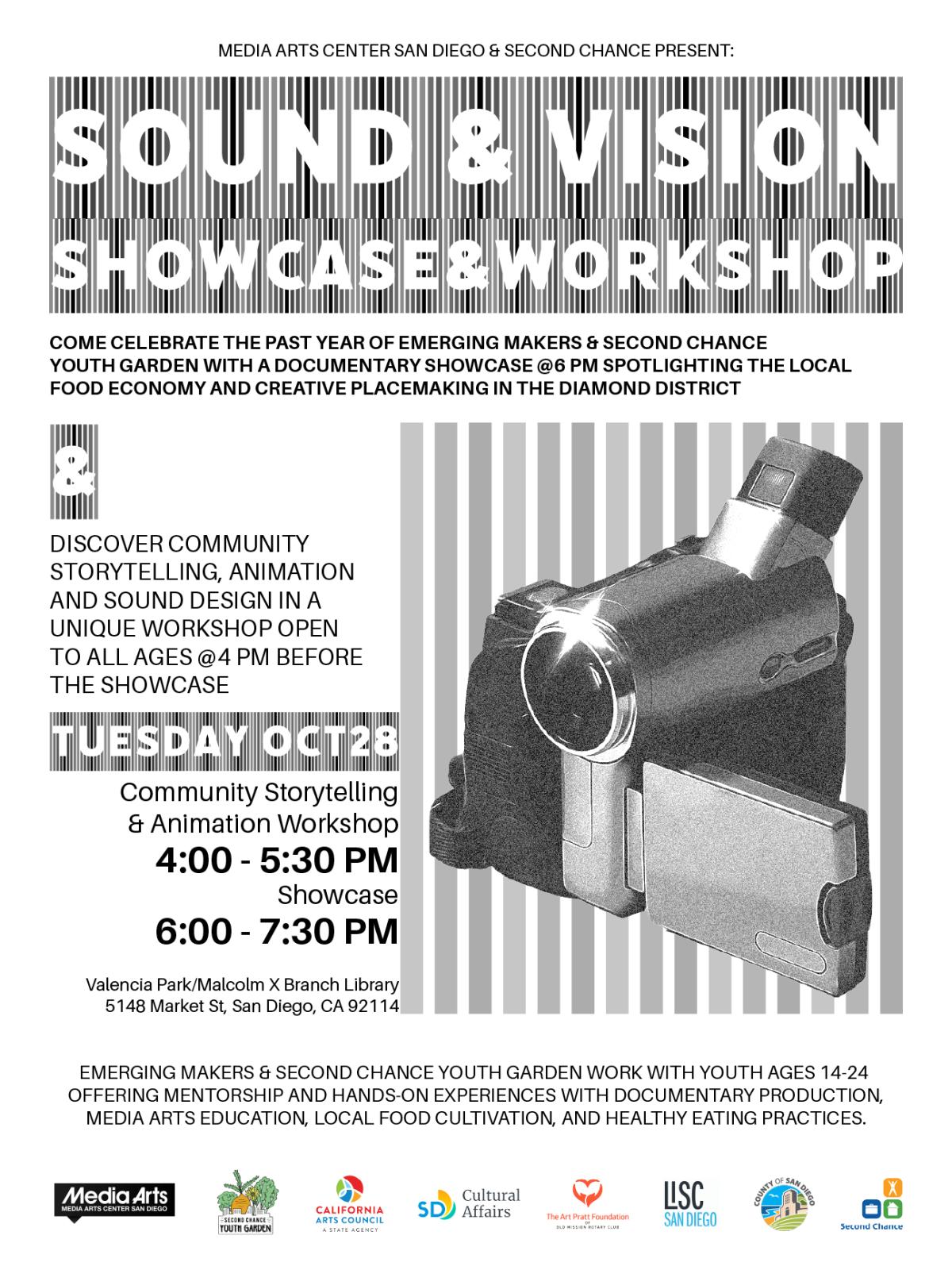 A video camera and Sound & Vision Showcase event text