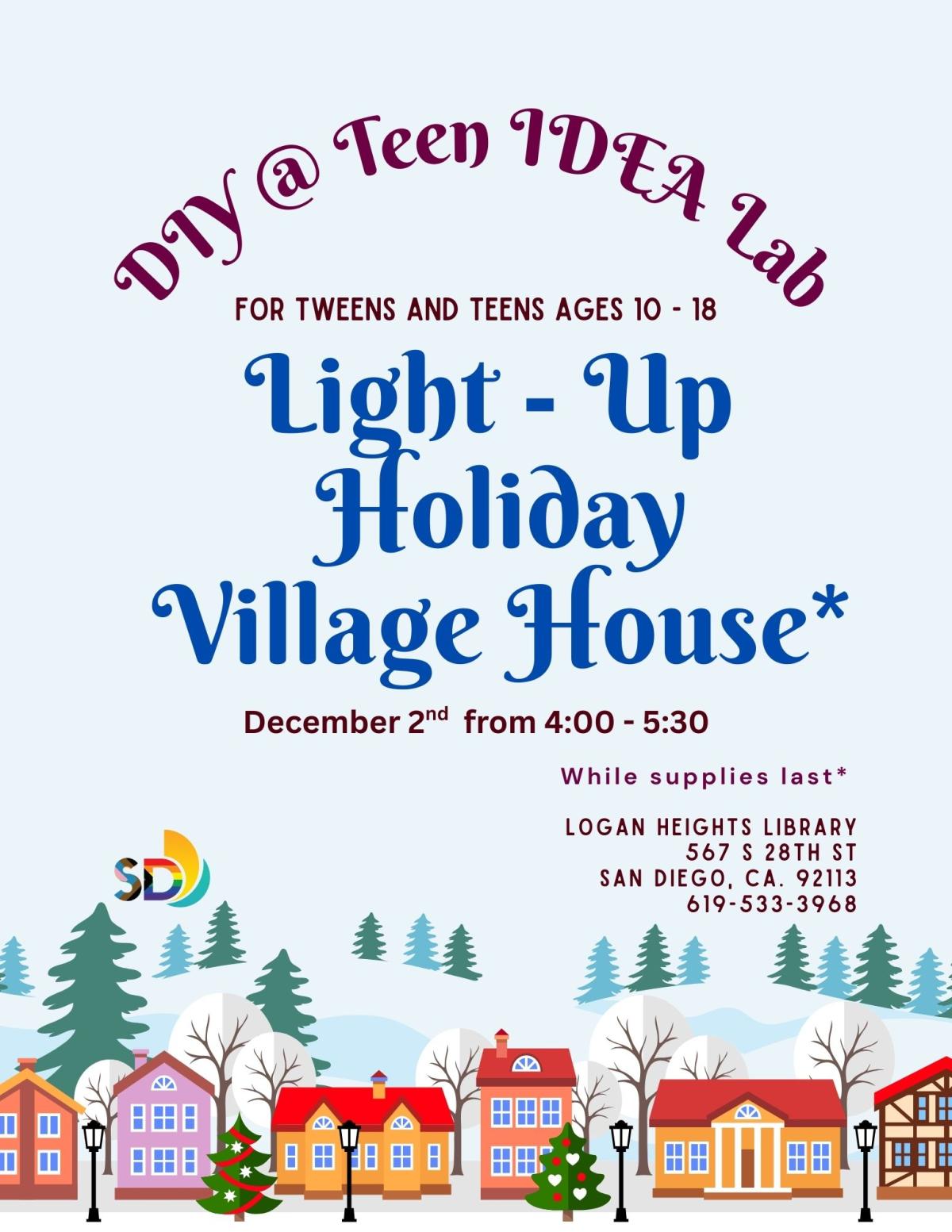 tiny house village in snowy mountains with trees