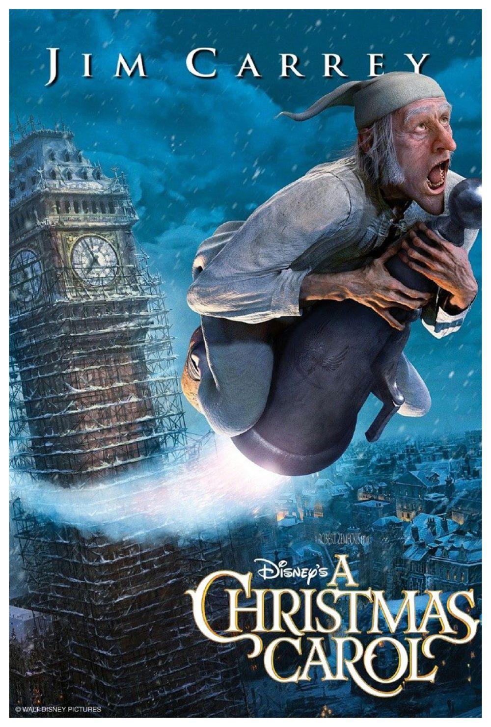 Image of movie poster with Jim Carrey dressed as Ebenezer Scrooge