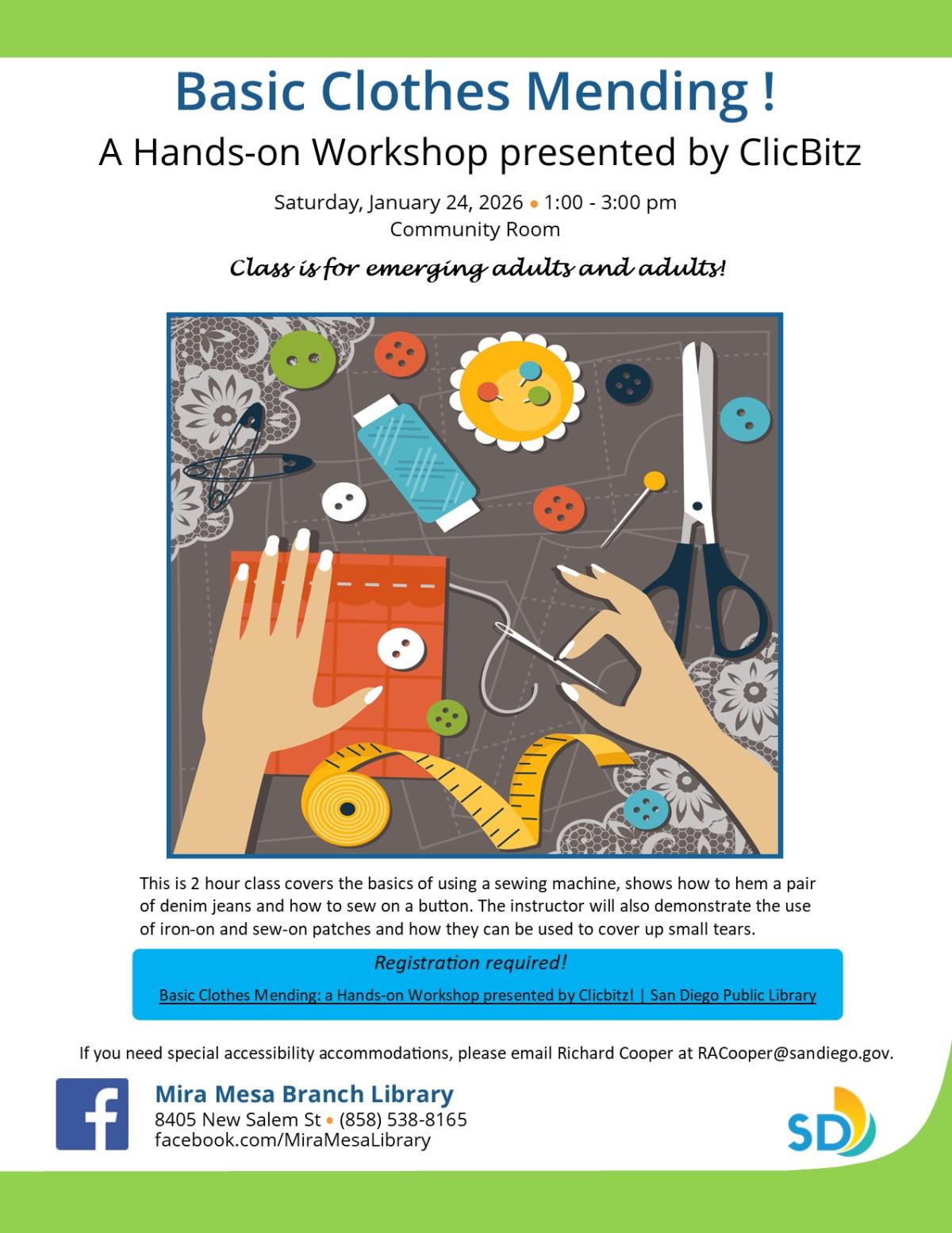 Colorful pastel promotional flyer with illustrated image of hands sewing and sewing supplies