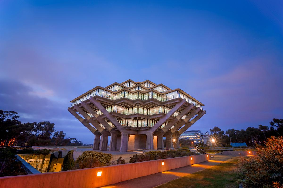 UCSD's Geisel Library with a twilight sky background 