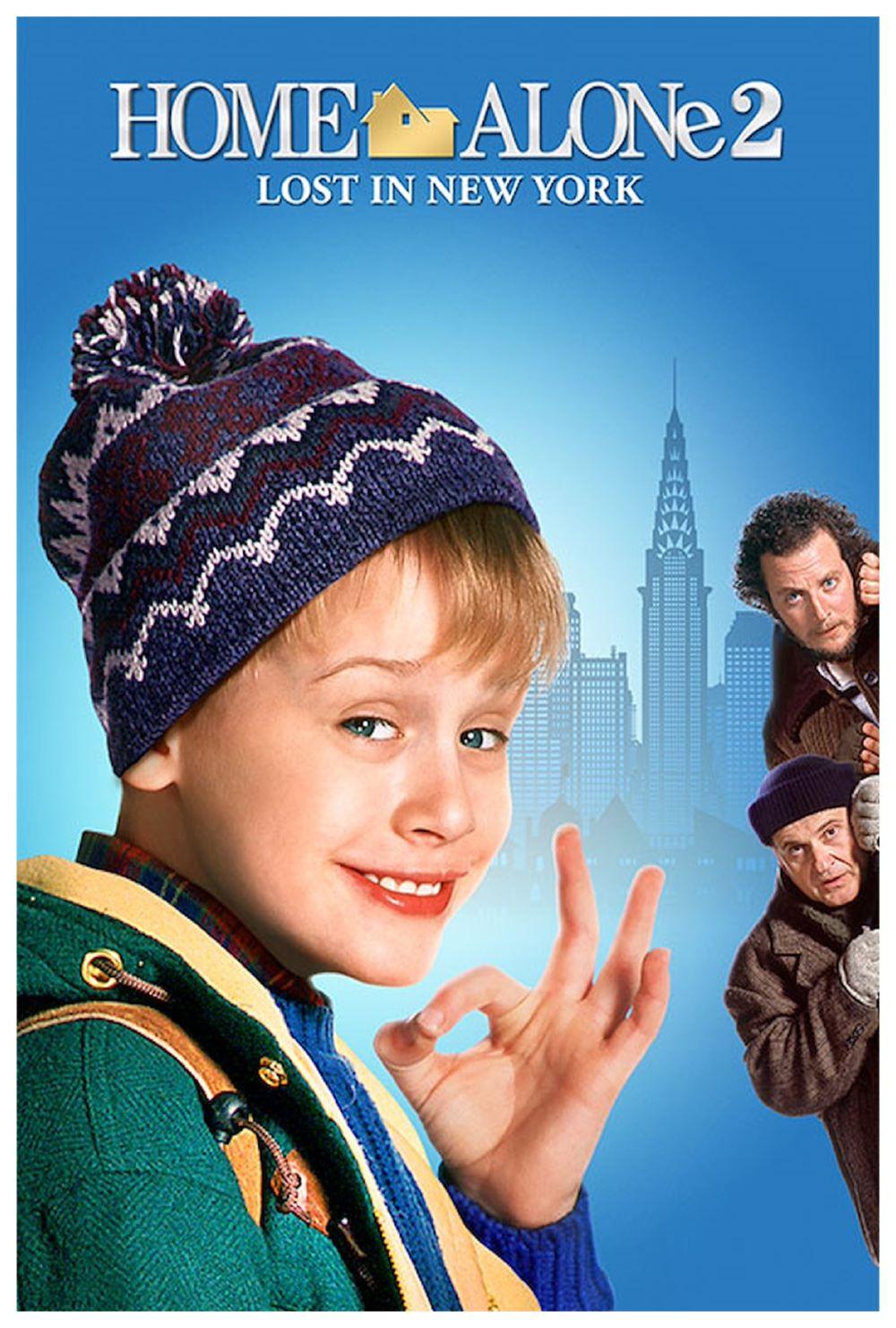 Publicity poster for the movie Home Alone II featuring Macaulay Culkin in winter clothes