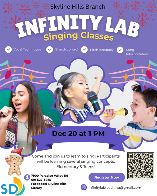 Join us for Singing Classes, Saturday, December 20 at 1pm.