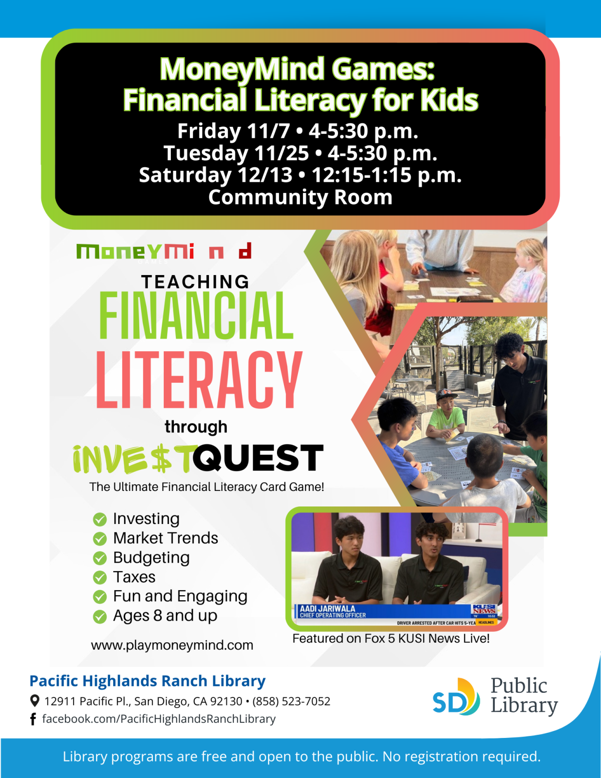 flyer advertising MoneyMind Games in November and December