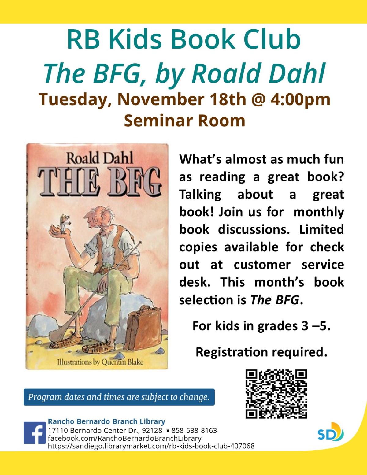 Book Club Flyer with picture of The BFG book cover