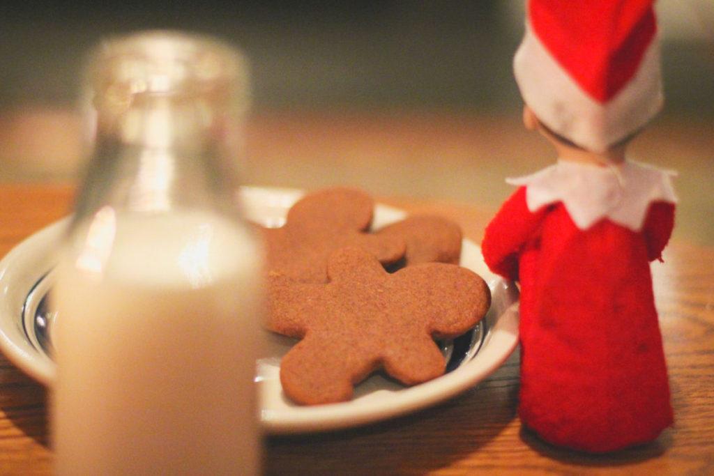 Gingerbread man cookies, Elf on the shelf, and Milk for Santa 