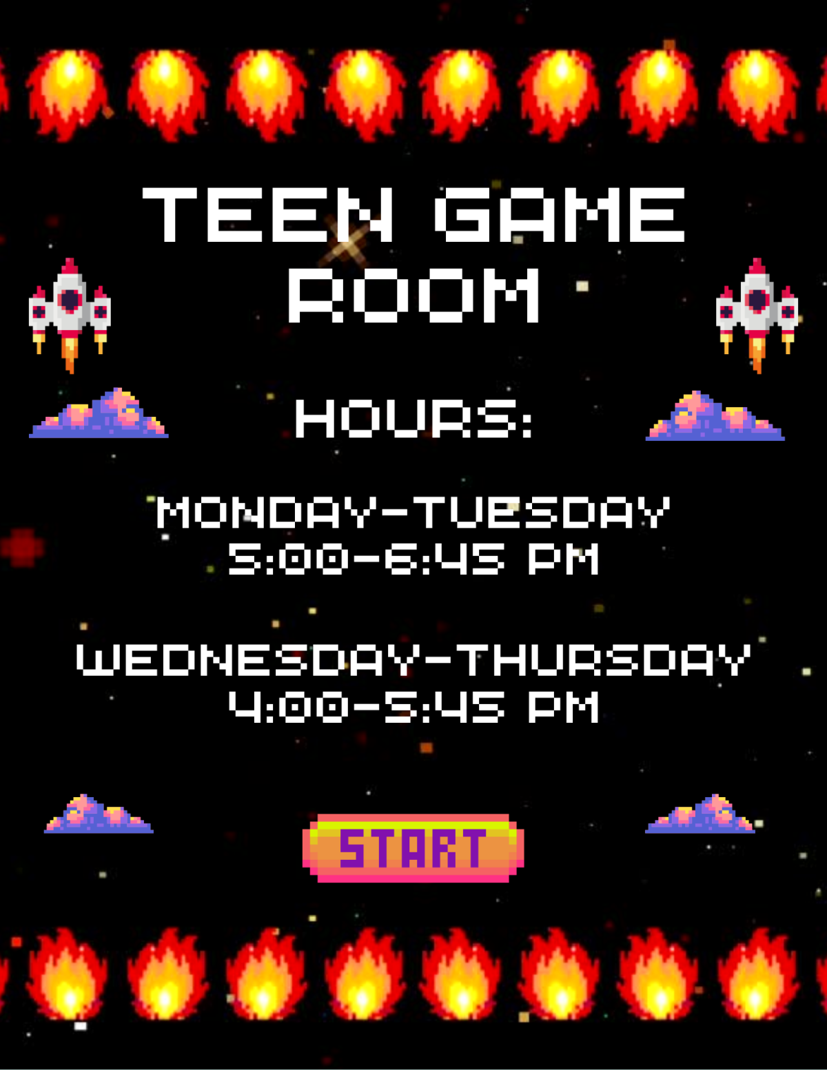 Teem Game Room hours flyer.