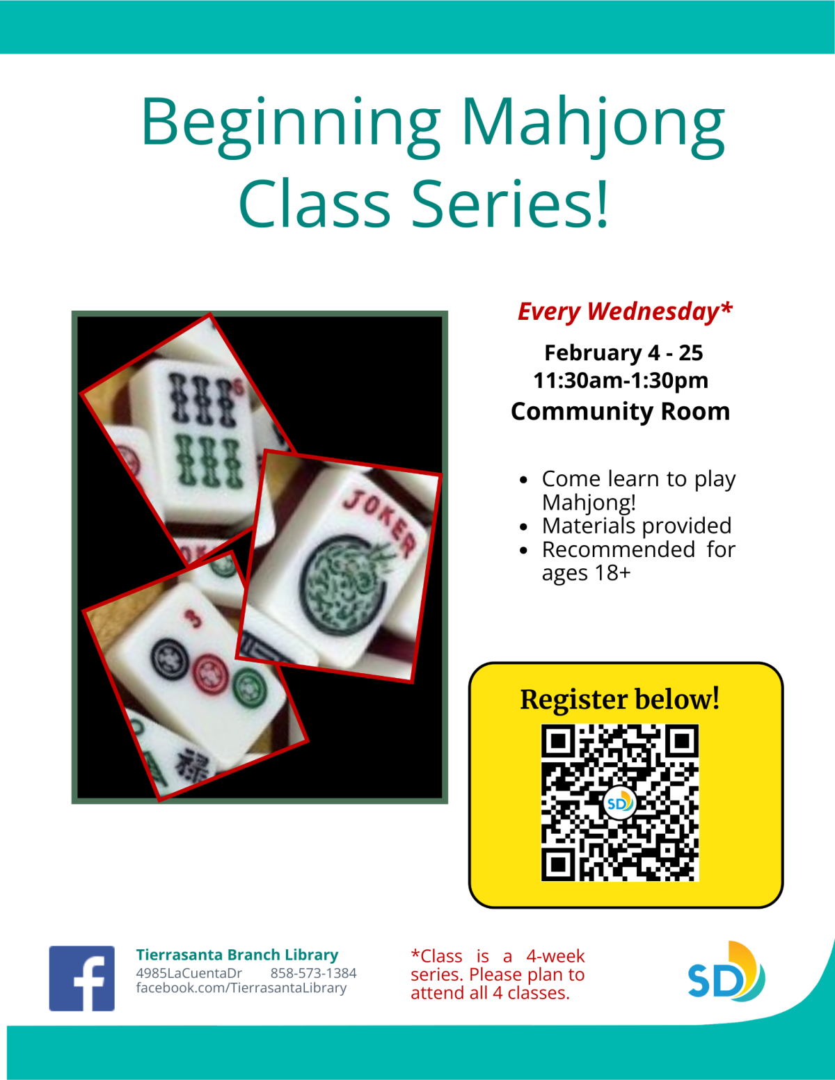 Beginning Mahjong Class Series informational flyer featuring images of Mahjong tiles.