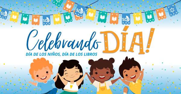 Four cartoon children under the words Celebrando Dia!