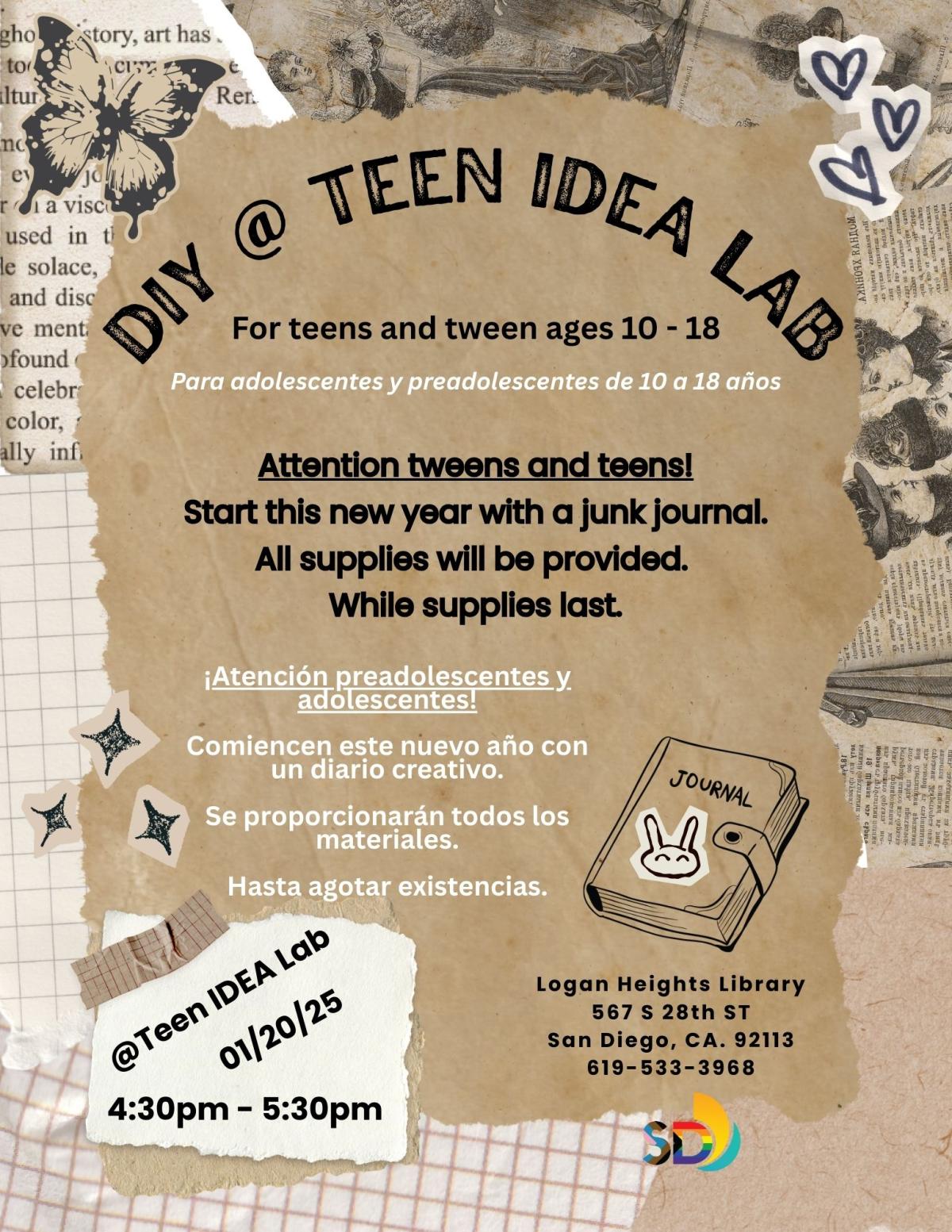 text describing event, scrap paper images put together in the background