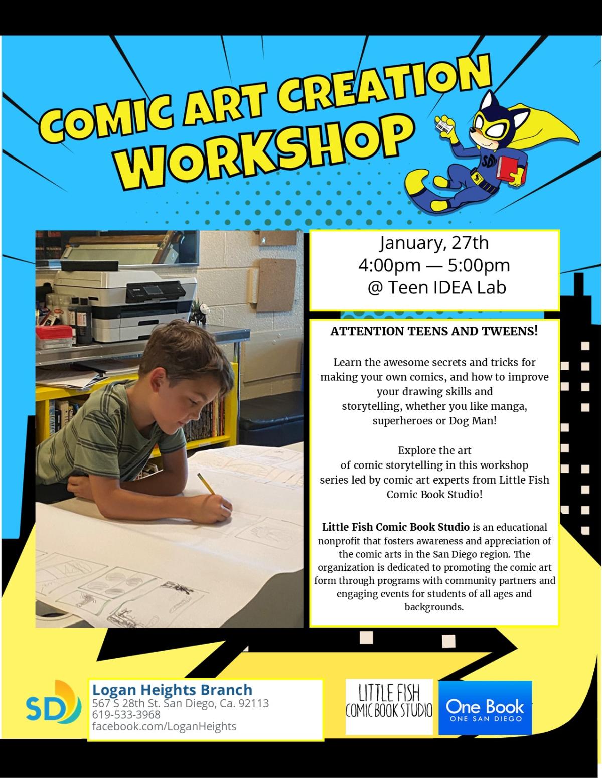 Odi the coyote dressed as superhero, little boy drawing 