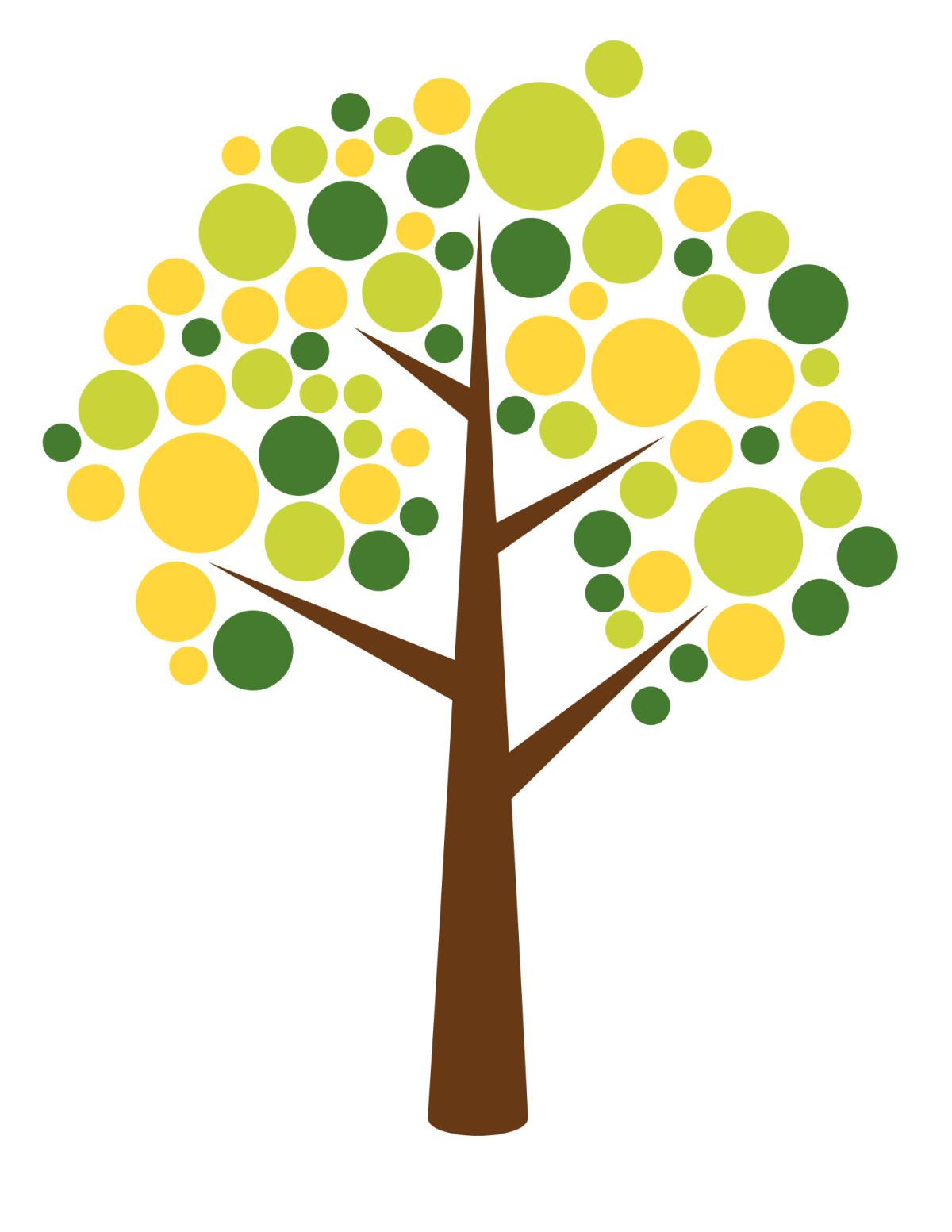 stylized tree with circles for leaves in yellow, light green, and dark green