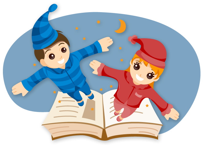 Children in pajamas flying over a book