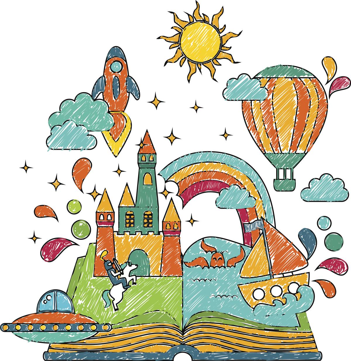 Castle, rocket, balloon, sun emerging from pages of book.